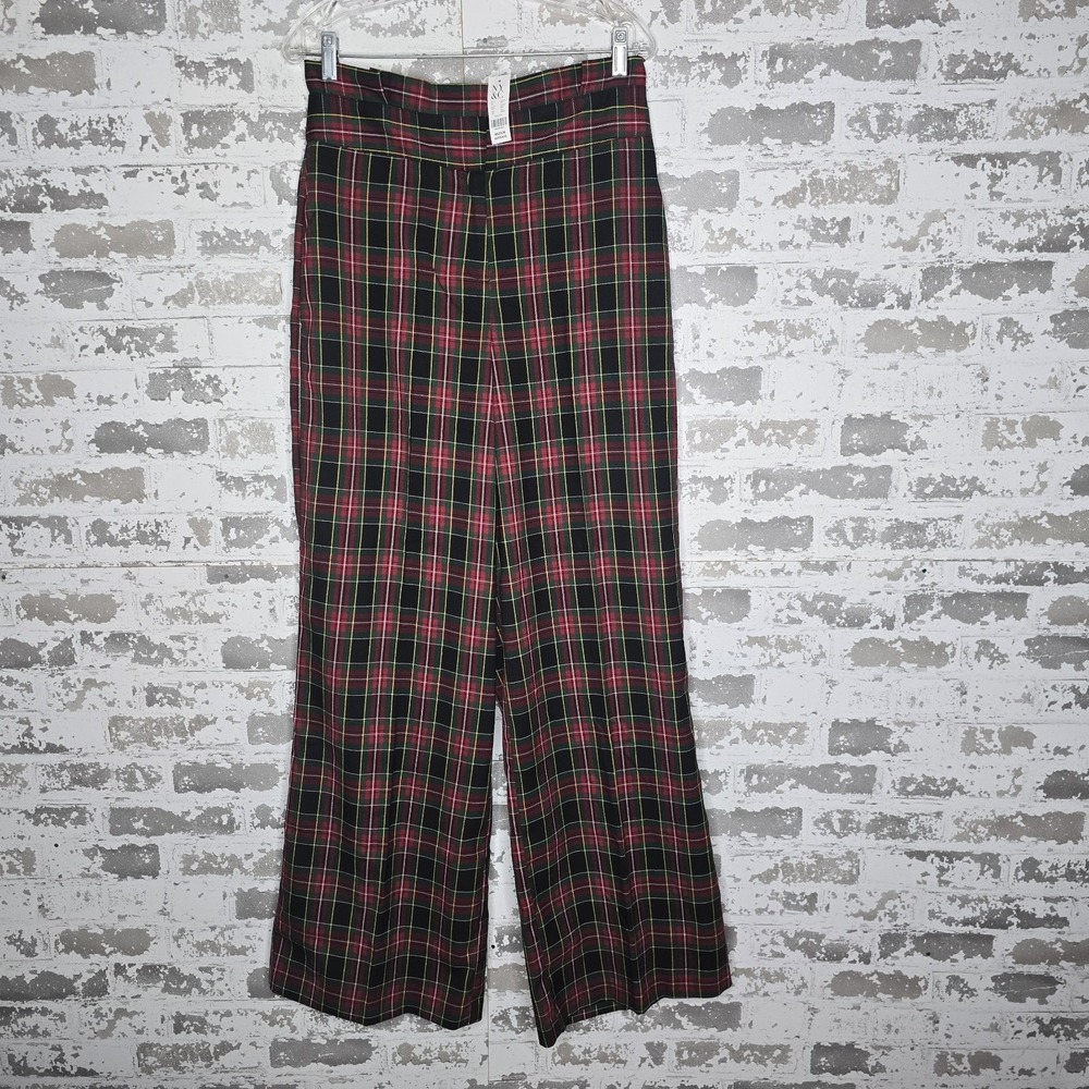 NWT New York & Company Pants Womens Sz M Red Tartan Plaid Wide Leg Scallop Waist